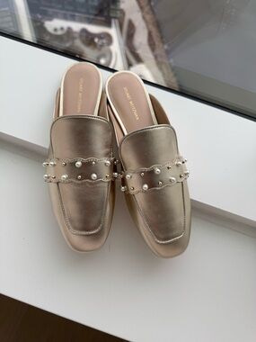 Stuart Weitzman Metallic Gold Pearl-Embellished Leather Mules